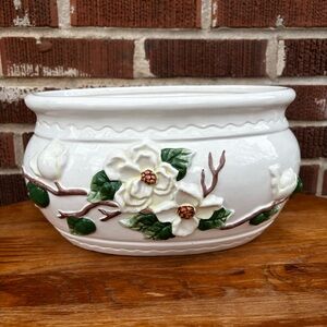 Vintage LBK Ceramic Magnolias Floral Bisque Planter Pottery